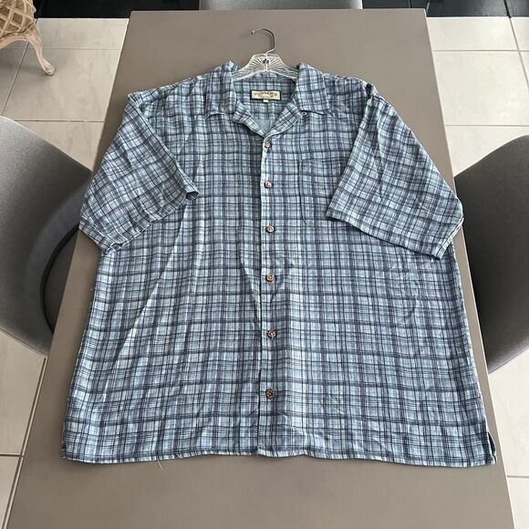 Pussers Island Reserve Shirt Mens Large Aqua Blue Stitched Plaid Silk Camp SS - Picture 11 of 11